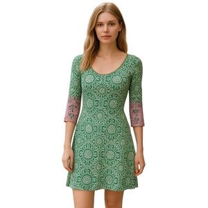 Boden Green & White Medallion Print V Neck Jersey Knit Tunic Mini Dress Womens 8